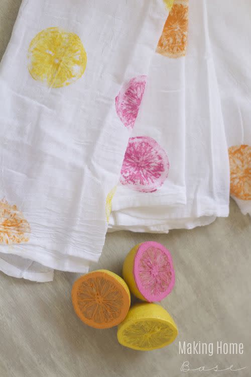 <p>Use sliced citrus (or carved potatoes) coated in paint to amp up plain kitchen cloths.</p><p><em><a href="https://www.makinghomebase.com/diy-painted-tea-towel/" rel="nofollow noopener" target="_blank" data-ylk="slk:Get the tutorial at Making Home Base »;elm:context_link;itc:0;sec:content-canvas" class="link ">Get the tutorial at Making Home Base »</a></em> </p>