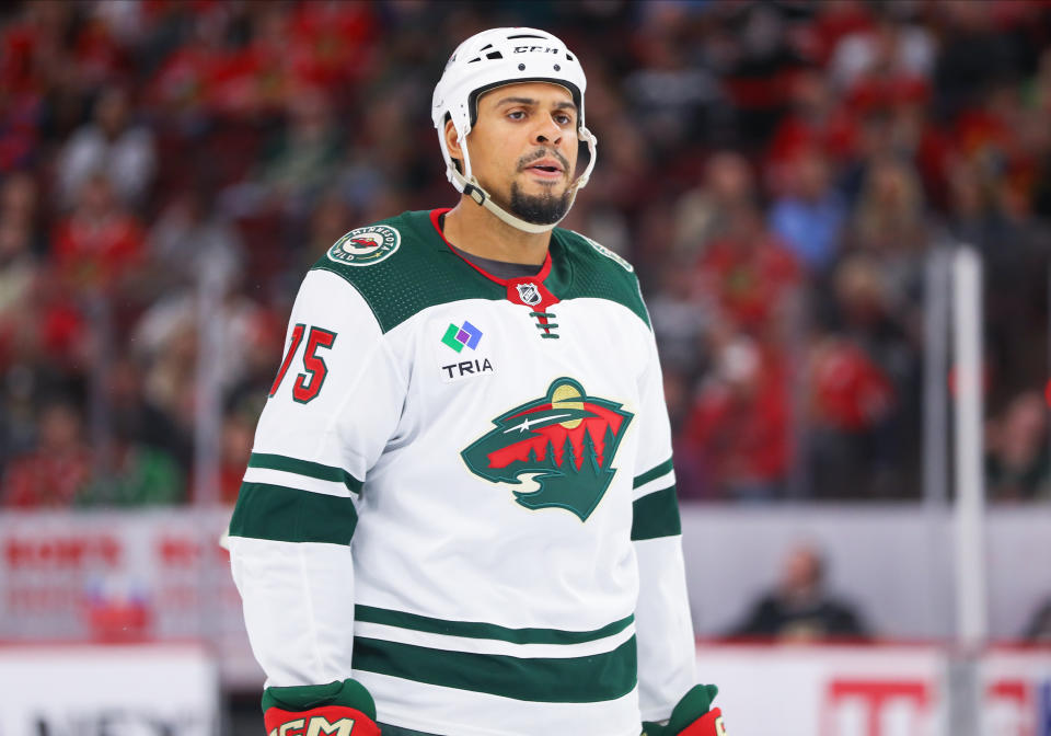 CHICAGO, IL - APRIL 10: Minnesota Wild right wing Ryan Reaves (75) looks on during a game between the Minnesota Wild and the Chicago Blackhawks on April 10, 2023 at the United Center in Chicago, IL. (Photo by Melissa Tamez/Icon Sportswire via Getty Images)