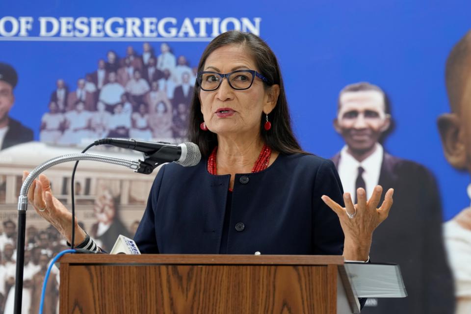 Interior Secretary Deb Haaland speaks during a news conference on Tuesday, Sept. 27, 2022, in Summerton, S.C. Haaland was in South Carolina to visit two schools where litigation over segregation led to the Supreme Court's historic Brown v. Board decision in 1954 declaring segregated schools unconstitutional. (AP Photo/Meg Kinnard)