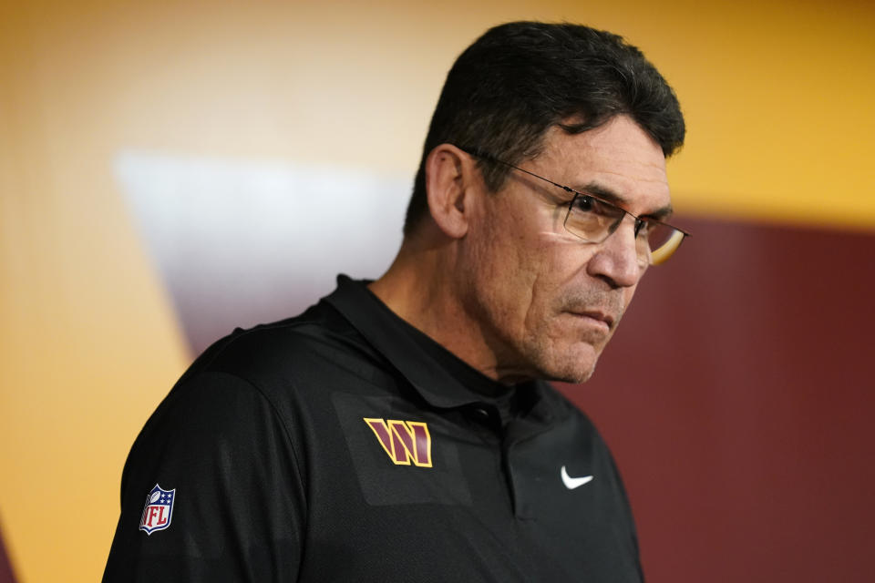 Washington Commanders head coach Ron Rivera talks to reporters after a 24-10 loss to the Cleveland Browns, Sunday, Jan. 1, 2023, in Landover, Md. (AP Photo/Patrick Semansky)