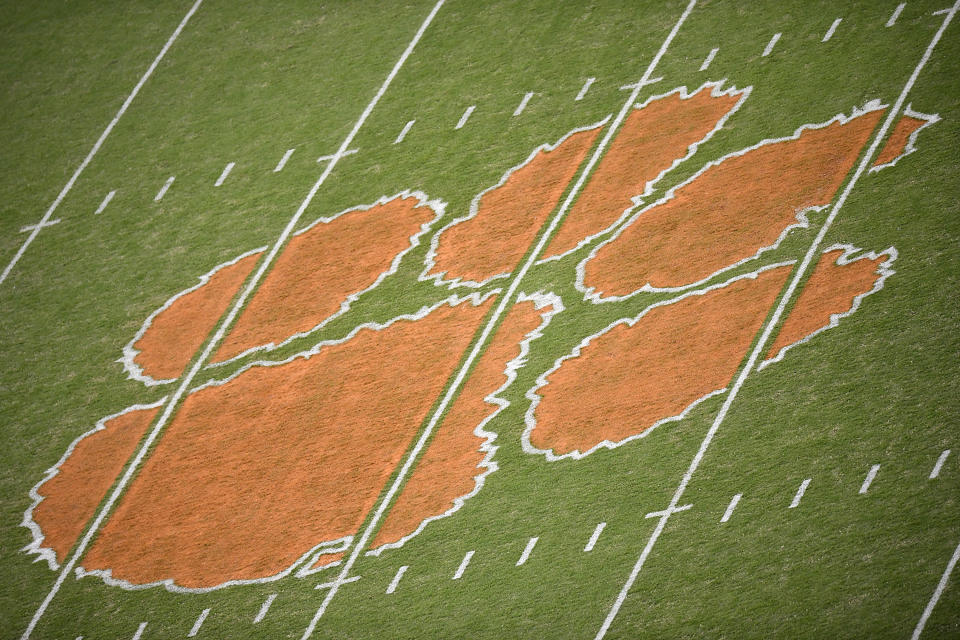 CLEMSON, SOUTH CAROLINA - OCTOBER 26: A general view of the Clemson Tigers' tiger paw logo at midfield during the Tigers' football game against the Boston College Eagles at Memorial Stadium on October 26, 2019 in Clemson, South Carolina. (Photo by Mike Comer/Getty Images)