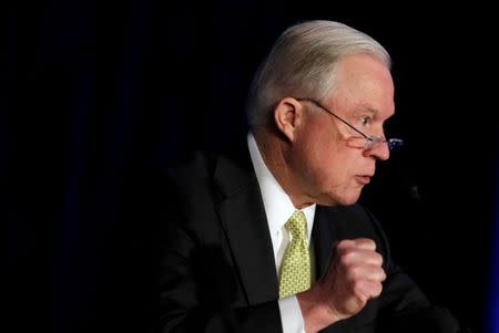 FILE PHOTO: U.S. Attorney General Jeff Sessions delivers remarks at a summit on crime reduction and public safety in Bethesda, Maryland, U.S., June 20, 2017. REUTERS/Yuri Gripas/File Photo