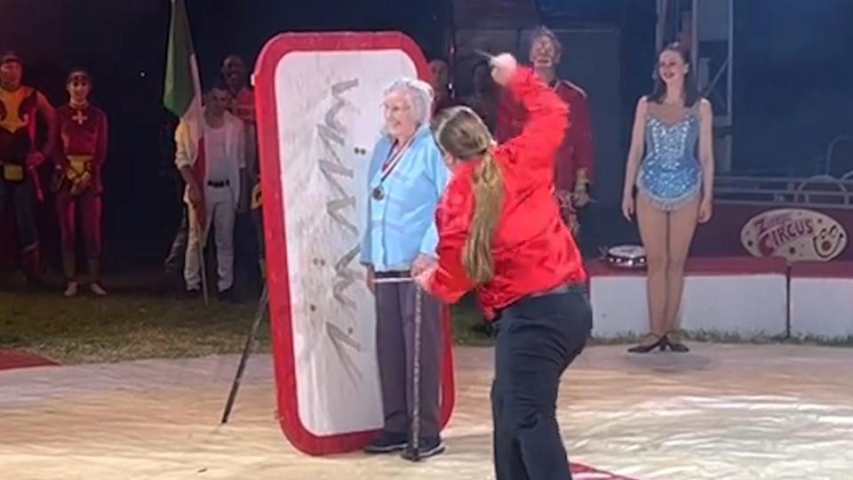 Annie Duplock's 100th birthday dream gift was to have knives thrown at her. So, she joined a knife-throwing act at Zippos Circus in Coventry, England