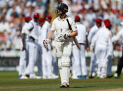 Cricket - England vs West Indies - First Test - Birmingham, Britain - August 17, 2017 England's Mark Stoneman walks off dejected after losing his wicket Action Images via Reuters/Paul Childs