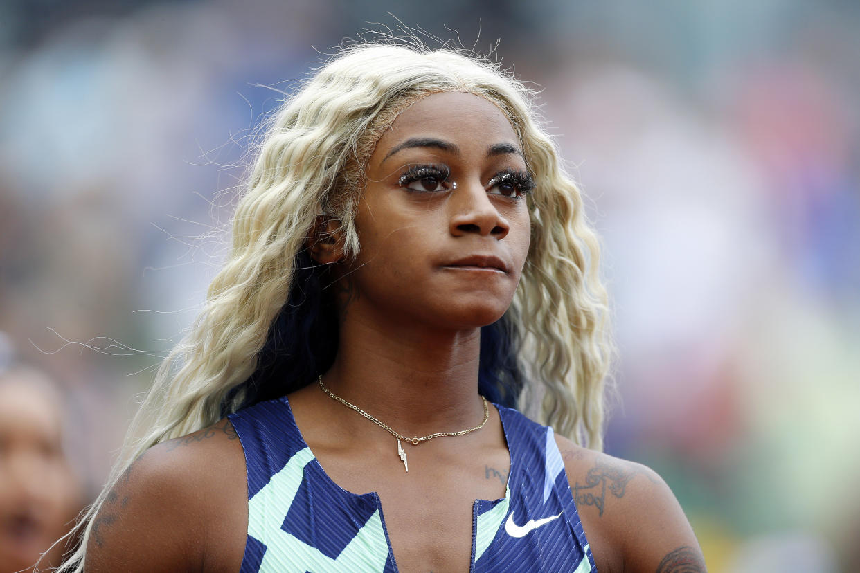 EUGENE, OREGON - AUGUST 21: Sha'Carri Richardson reacts after finishing last in the 100m race during the Wanda Diamond League Prefontaine Classic at Hayward Field on August 21, 2021 in Eugene, Oregon. (Photo by Jonathan Ferrey/Getty Images)