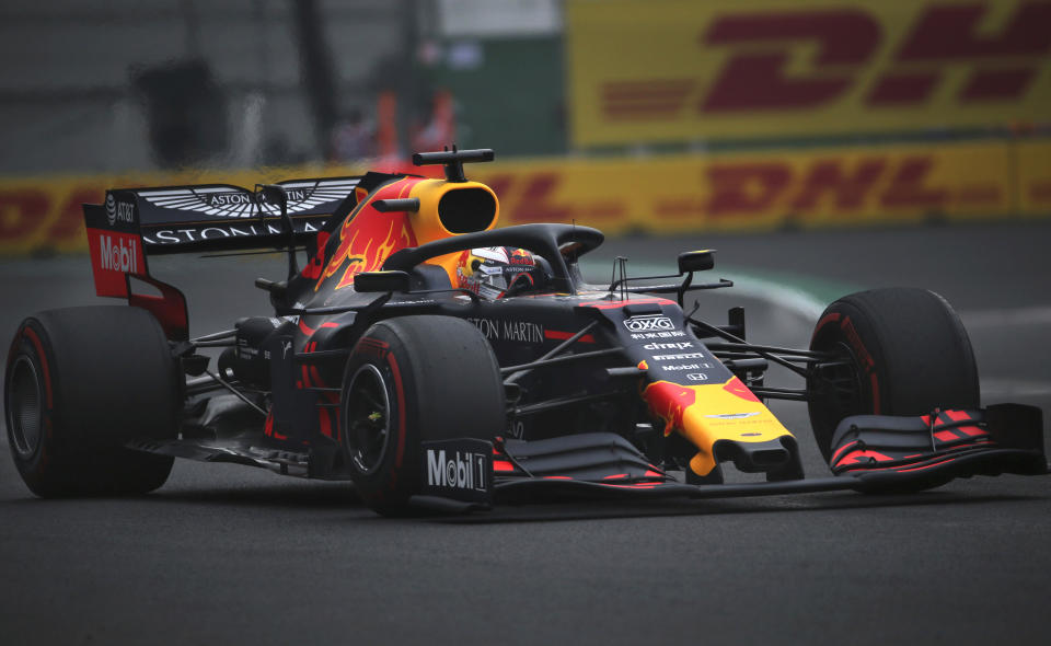 Red Bull driver Max Verstappen, of the Netherlands, drives his car during a training session of the Formula One Mexico Grand Prix auto race at the Hermanos Rodriguez racetrack in Mexico City, Friday, Oct. 25, 2019. (AP Photo/Marco Ugarte)