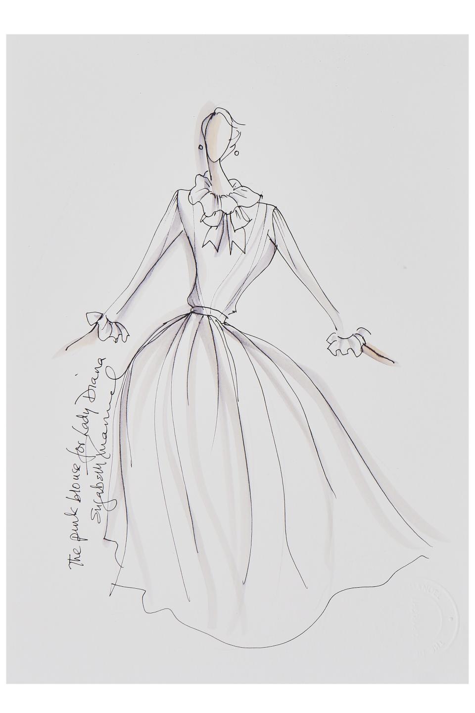 Elizabeth Emanuel sketch of Lady Diana Spencer's 1981 'Engagement' blouse. (Kerry Taylor auctions)