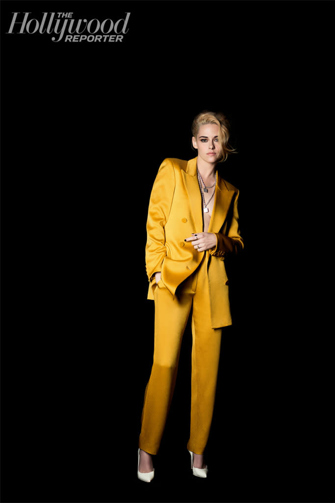 Kristen Stewart wearing a yellow suit and white pumps for The Hollywood Reporter Actress Roundtable. - Credit: Courtesy of THR/Photographed by Victoria Will