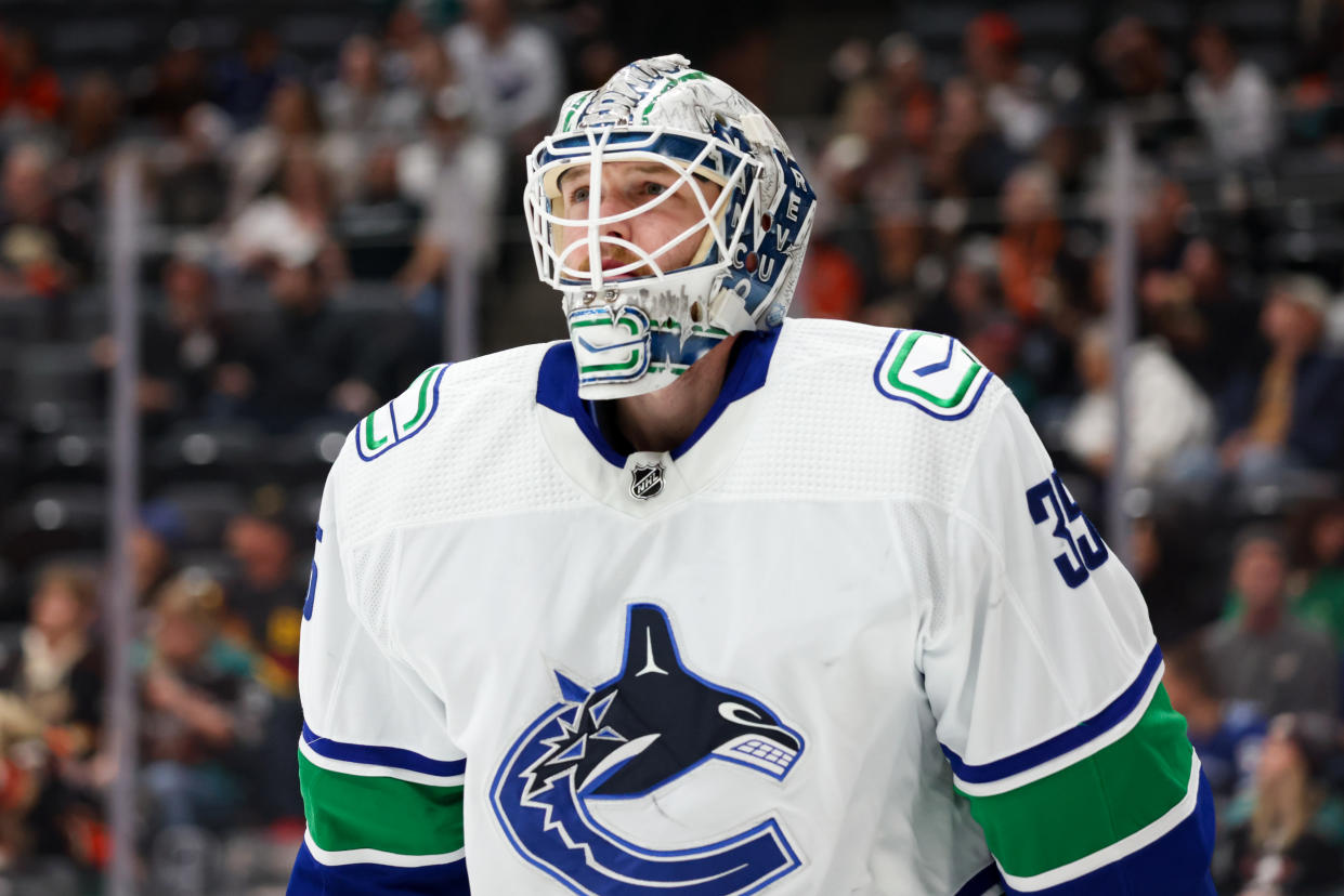 ANAHEIM, CA - APRIL 11:  Thatcher Demko #35 of the Vancouver Canucks looks on during the first period against the Anaheim Ducks at Honda Center on April 11, 2023 in Anaheim, California. (Photo by Debora Robinson/NHLI via Getty Images)