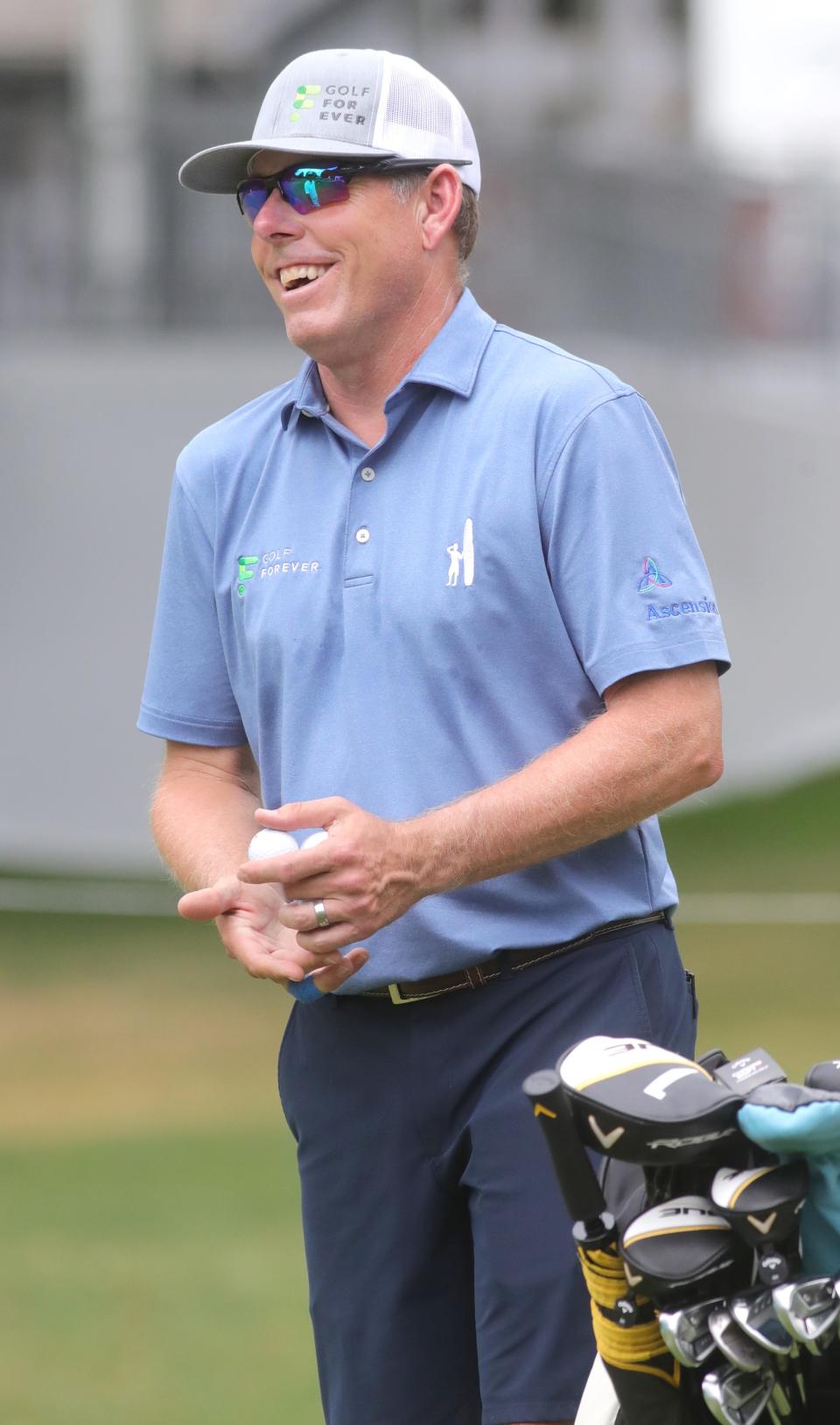 Justin Leonard gets warmed up on the practice tee at the Bridgestone Senior Players Championship Pro-Am on Wednesday, July 6, 2022 in Akron, Ohio, at Firestone Country Club.