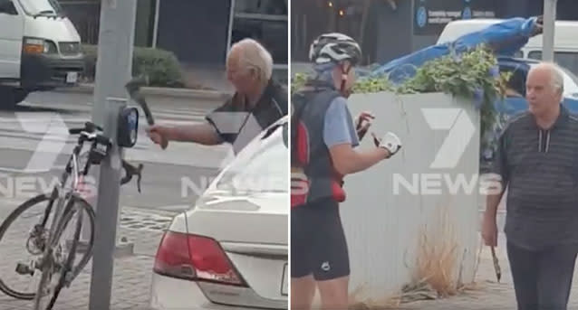 The driver hits the bike with his axe before threatening the cyclist. Source: 7 News