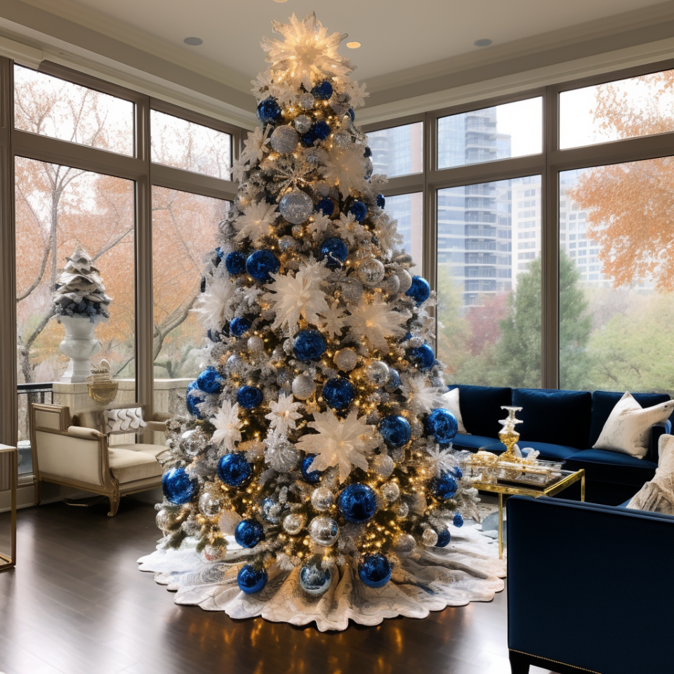 a tall Christmas tree in the center of a living room that's covered in warm lights, bulb ornaments, and flower-like decorations with a lighted ribbon-like structure on top and a snowflake-like tree skirt underneath it