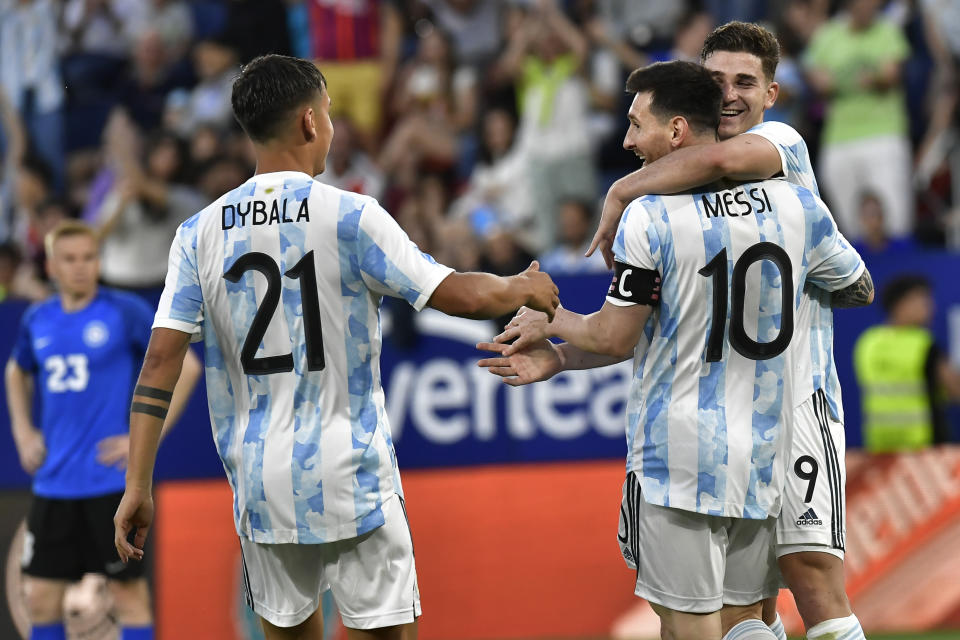 Argentina's Lionel Messi celebrates his side's fourth goal during a friendly match against Estonia at El Sadar stadium in Pamplona, northern Spain, Sunday, June 5, 2022. (AP Photo/Alvaro Barrientos)