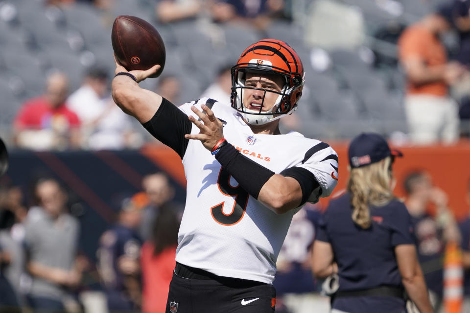 Cincinnati Bengals quarterback Joe Burrow warms up before an NFL football game against the Chicago Bears Sunday, Sept. 19, 2021, in Chicago. (AP Photo/David Banks)