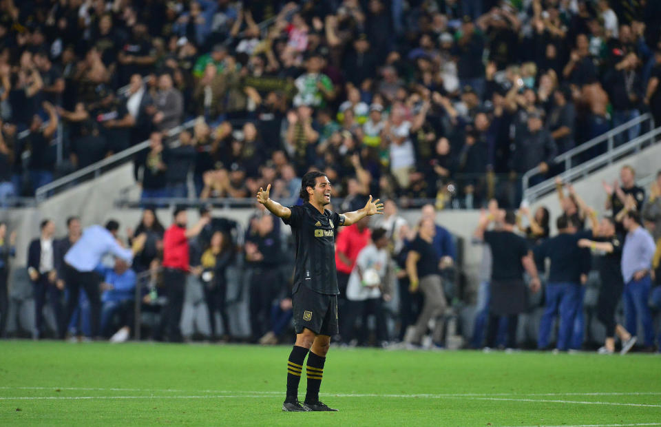 February 27, 2020; Los Angeles, California, USA; Los Angeles FC forward Carlos Vela (10) celebrates the 3-0 victory against Leon at Banc of California Stadium. Mandatory Credit: Gary A. Vasquez-USA TODAY Sports