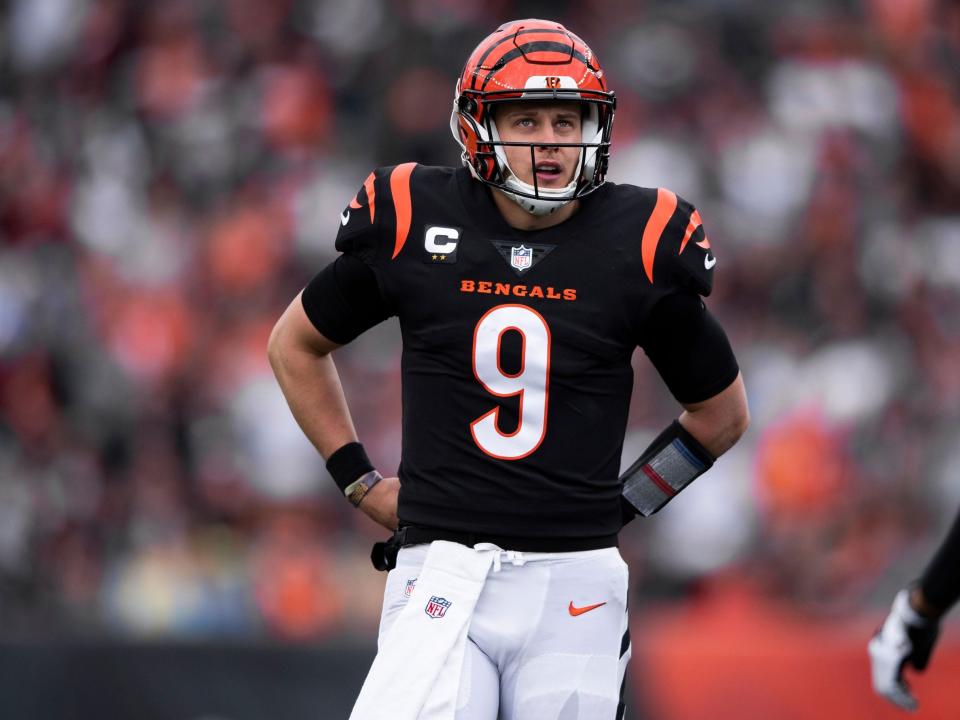 Joe Burrow looks up during a game against the Los Angeles Chargers.