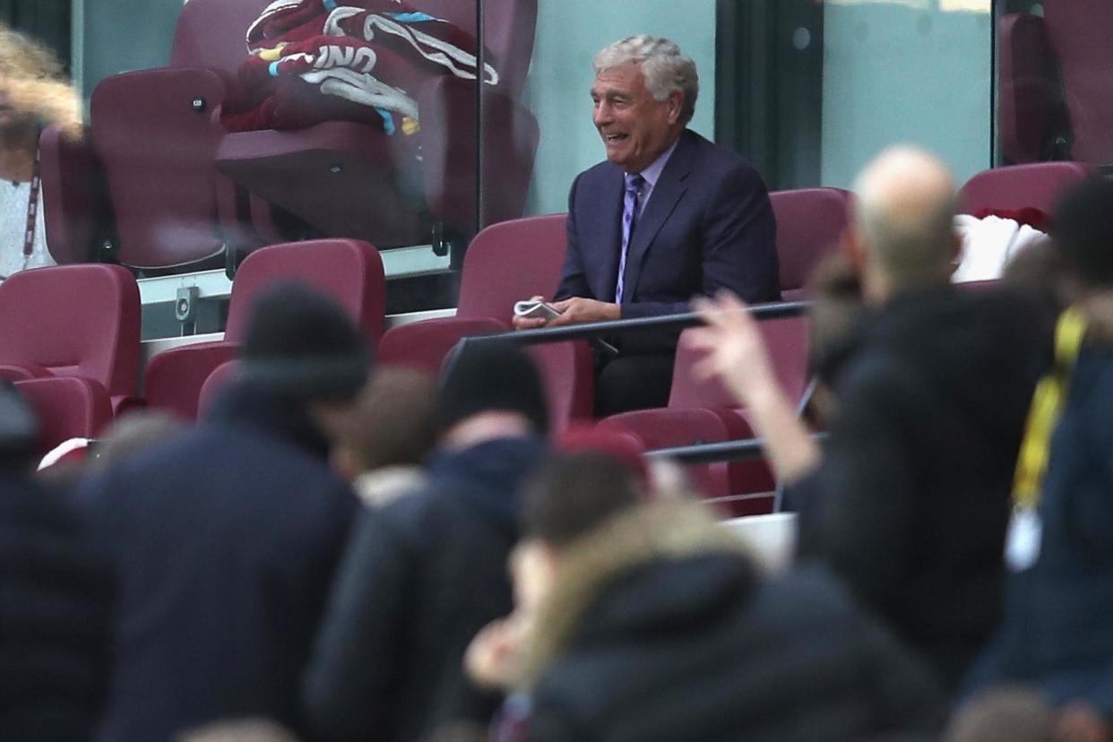 Brooking was seen sat in the stands, visibly upset by the chaotic scenes unfolding in front of him: Christopher Lee/West Ham United via Getty Images