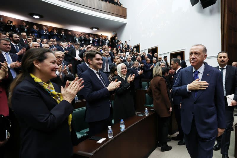 Turkish President Erdogan greets lawmakers of his AK Party in Ankara