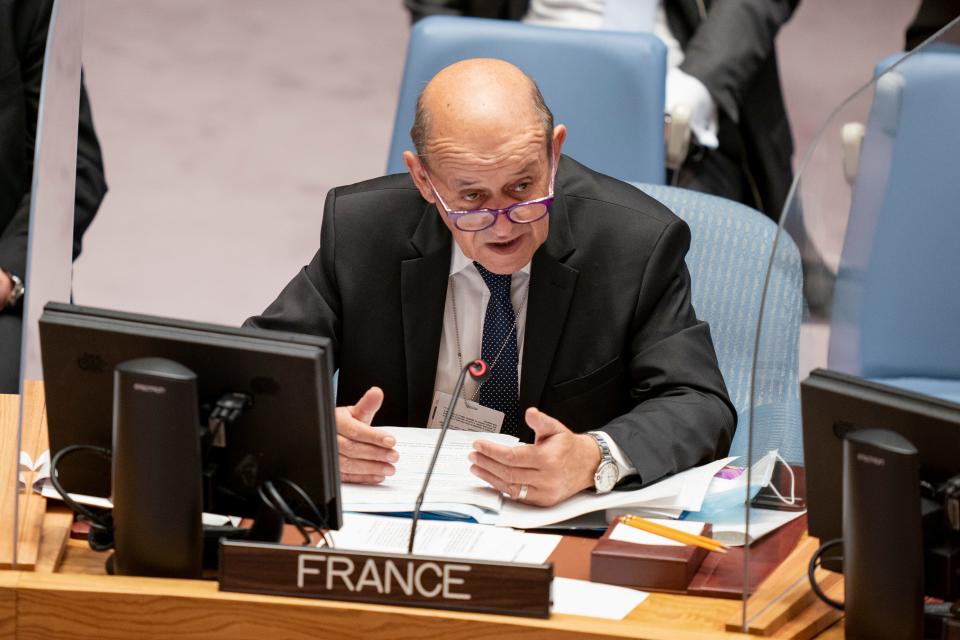 Jean-Yves Le Drian, foreign minister of France, speaks during a meeting of the United Nations Security Council during the 76th Session of the U.N.