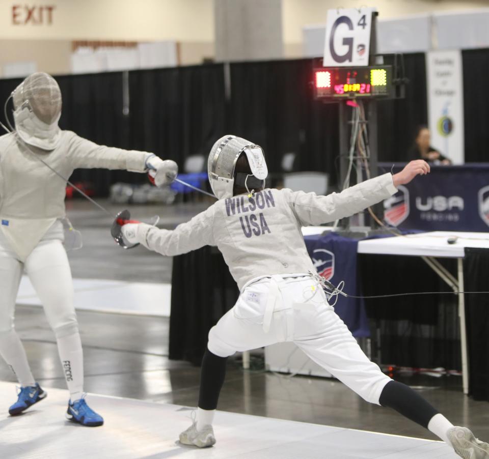 Jul 1, 2023; Phoenix, AZ, United States; Eva Wilson, 15, warms up at the 2023 USA Fencing National Championships in Phoenix on Saturday, July 1, 2023.