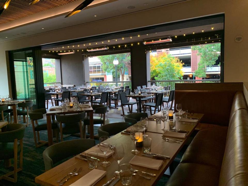 The Ox + Anchor steakhouse at Hotel San Luis Obispo has roll-up doors and heaters on the Palm Street side of the restaurant.