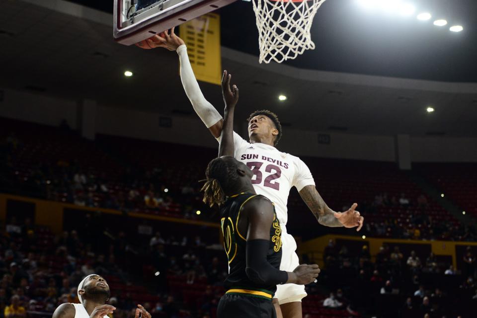 Arizona State forward Alonzo Gaffney (32) grabs a rebound over San Francisco Dons forward Josh Kunen (10) during the first half at Desert Financial Arena in the Sun Devils' most recent game, played Dec. 19.