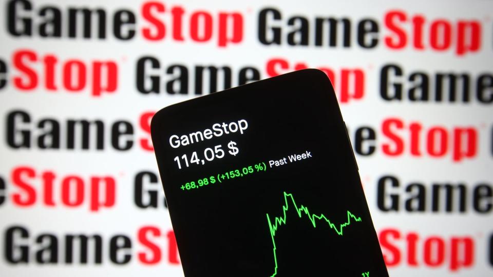 in this photo illustration the gamestop gme stock price