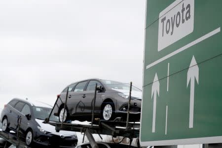 FILE PHOTO: New Toyota cars are transported from their manufacturing facility in Burnaston, Britain March 16, 2017. REUTERS/Darren Staples