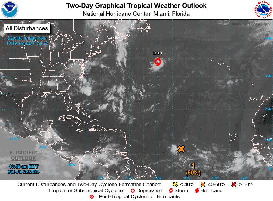 A look at tropical weather in the Atlantic at 11 a.m. Saturday, July 22, 2023.