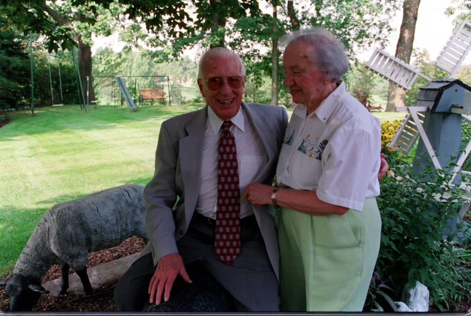 Frederik and Lena Meijer's at their Meijer Botanical Gardens, which combines Lena's love of gardens and Fred's love of sculpture, will open a 12 million dollar expansion that more than doubles its space. Outside their home, Fred and Lena have fun with the sheep sculpture on August 22, 2000.