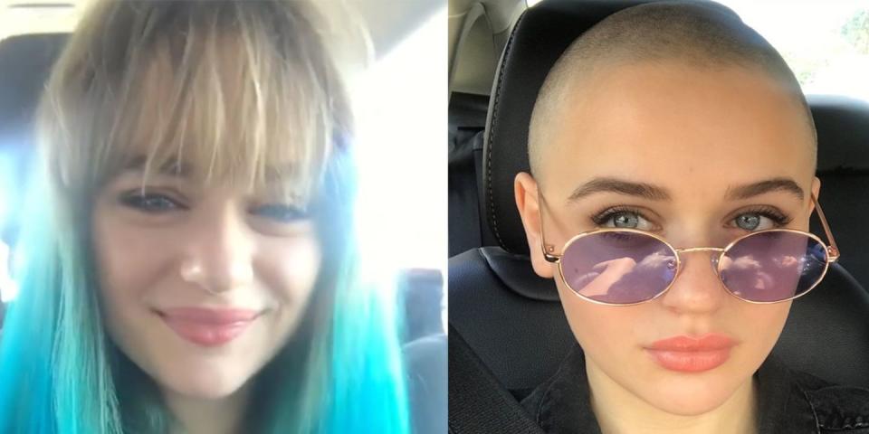 <p>Just a few weeks after spontaneously dying her hair blue, Joey King has gone completely bald! The actress shaved her head for her upcoming role in <em>The Act</em>, a Hulu show about the true story of a daughter who kills her mother. </p><p>Joey is super chill about the big change. She told <em><a href="https://www.allure.com/story/joey-king-shaved-head-the-act-interview" rel="nofollow noopener" target="_blank" data-ylk="slk:Allure;elm:context_link;itc:0;sec:content-canvas" class="link ">Allure</a></em>, "I've never really had an attachment to my hair. I couldn't care less what happens to it." That's probably because this marks the third time Joey has shaved her head for a role, cutting off all her hair back when she was 11 for <em>The Dark Knight Rises </em>and again when she was 14 for <em>Wish I Was Here. </em></p>