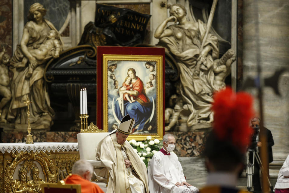 Pope Francis attends a consistory ceremony where 13 bishops were elevated to a cardinal's rank in St. Peter’s Basilica at the Vatican, Saturday, Nov. 28, 2020. (Fabio Frustaci/POOL via AP)