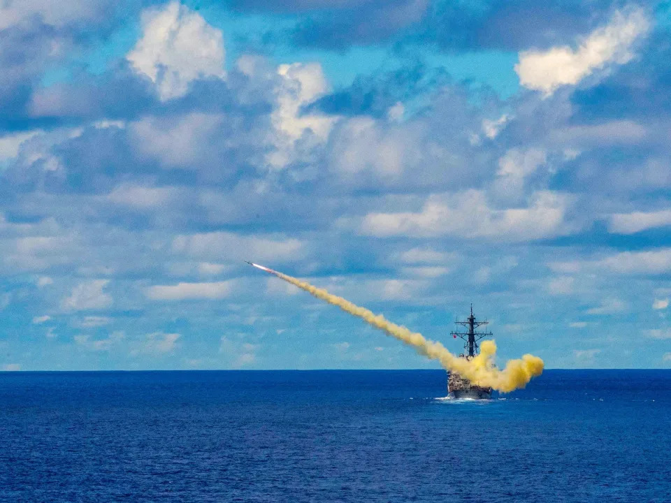 FILE PHOTO: Destroyer USS Curtis Wilbur launches a Harpoon surface-to-surface missile during Pacific Vanguard (PACVAN) quadrilateral exercises between Australia, Japan, Republic of Korea, and U.S. Naval forces in the Philippine Sea May 26, 2019. Picture taken May 26, 2019. U.S. Navy/Mass Communications Specialist 1st Class Toni Burton/Handout via REUTERS.