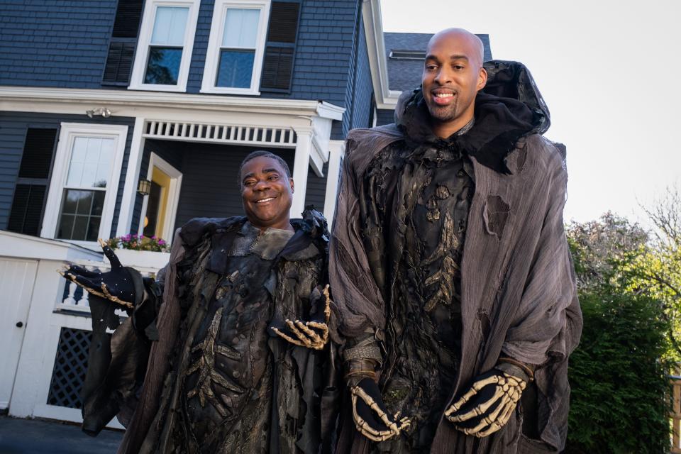 Loren Woods (right) was on set for four months playing the Ghost of Christmas Yet to Come in "Spirited." Tracy Morgan voiced the character.