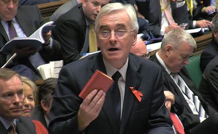 A still image from video shows Britain's shadow Chancellor of the Exchequer John McDonnell quoting from Mao's Little Red Book, after Chanceller George Osborne's delivery of the Autumn Statement to Parliament in London, Britain November 25, 2015. REUTERS/UK Parliament via REUTERS TV