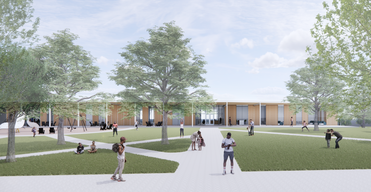 A conceptual view of the west entrance to the Reichardt Community Recreation Center in Des Moines.