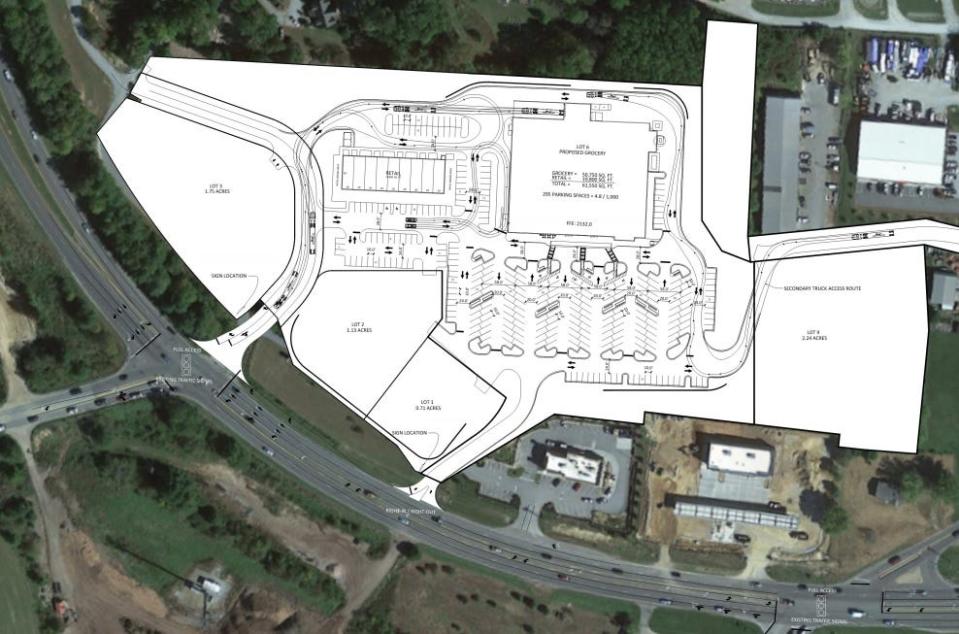 This is the site plan submitted by Harris Development Development Partners, based in Raleigh, for a proposed grocery store with a drive through pharmacy, restaurants with drive through and other retail shops in a shopping center just off N.C. 280 in Mills River.
