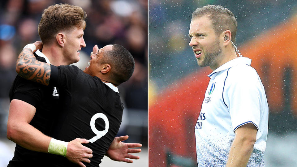 Pictured right, touch judge Angus Gardner and All Blacks teammates celebrating a Bledisloe Cup try.