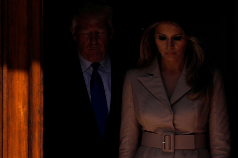 <p>President Donald Trump and first lady Melania Trump wait the arrival of French President Emmanuel Macron (unseen) before a lunch ahead of a NATO Summit in Brussels, Belgium, May 25, 2017. (Photo: Jonathan Ernst/Reuters) </p>