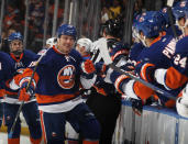 UNIONDALE, NY - FEBRUARY 24: P.A. Parenteau #15 of the New York Islanders celebrates his first period goal against the New York Rangers at the Nassau Veterans Memorial Coliseum on February 24, 2012 in Uniondale, New York. The Islanders defeated the Rangers 4-3 in the shootout. (Photo by Bruce Bennett/Getty Images)
