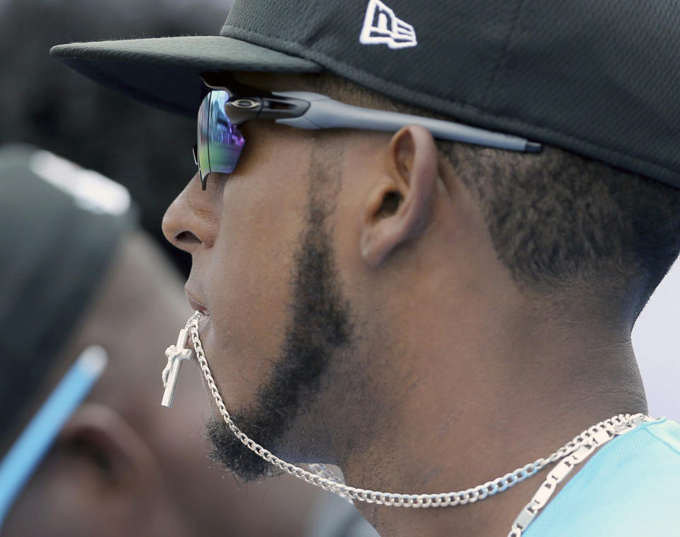 FILE - Miami Marlins' Lewin Diaz is shown during a baseball game against the St Louis Cardinals at Roger Dean Chevrolet Stadium in Jupiter, Fla., in this Feb. 24, 2020, file photo. “There are a few young guys who don’t struggle; the majority do,” Marlins manager Don Mattingly said Wednesday, March 3, 2021,. “There are very few Sotos, Griffey Jrs. and Acunas of the world who are instantly stars. It doesn’t happen that often.” Top prospect Lewin Diaz went 6 for 39 with 12 strikeouts in his MLB debut. (Charles Trainor Jr. /Miami Herald via AP, File)