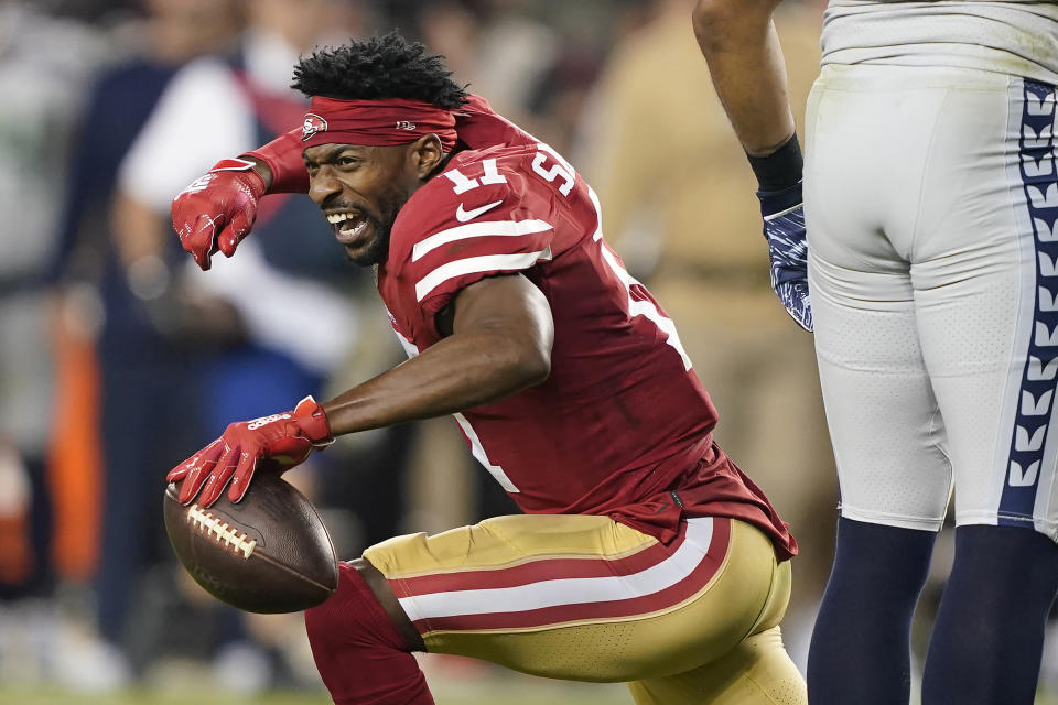 San Francisco 49ers wide receiver Emmanuel Sanders (17) reacts after catching a pass against the Seattle Seahawks during the first half of an NFL football game in Santa Clara, Calif., Monday, Nov. 11, 2019. (AP Photo/Tony Avelar)