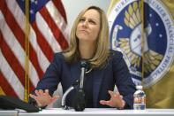 FILE - In this Dec. 11, 2018, file photo, Bureau of Consumer Financial Protection Director Kathy Kraninger pauses as she speaks to media at the Bureau of Consumer Financial Protection offices in Washington. Kraninger previously worked in the White House Office of Management and Budget in the Trump administration. California created what supporters called its own nation-leading, state-level version of the federal Consumer Financial Protection Bureau after critics said the Trump administration significantly weakened national protections, Friday, Sept. 25, 2020, The legislation that Gov. Gavin Newsom signed into law changes the existing Department of Business Oversight into the Department of Financial Protection and Innovation in what proponents said is the first such move by any state. (AP Photo/Carolyn Kaster, File)