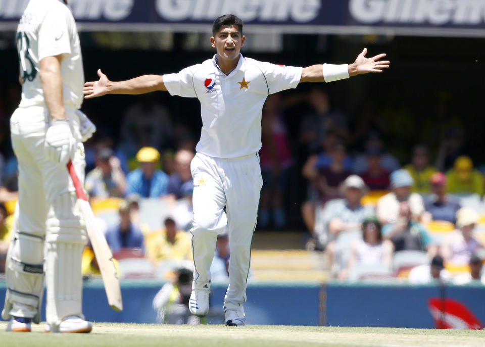 Pakistan's Naseem Shah appeals for the wicket of Australia's David Warner during their cricket test match in Brisbane, Australia, Saturday, Nov. 23, 2019. (AP Photo/Tertius Pickard)