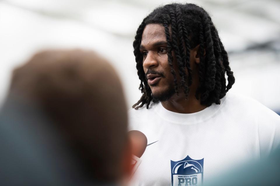 Linebacker Curtis Jacobs answers questions from members of the press during Penn State's Pro Day in Holuba Hall on March 15, 2024, in State College.