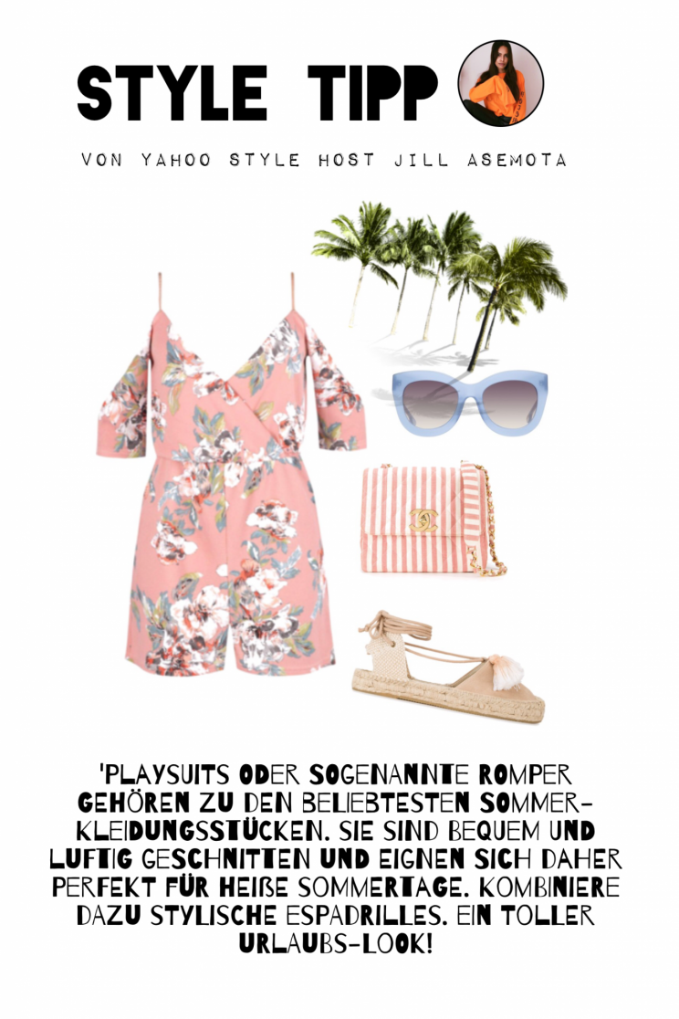 Bild Collage via Polyvore: Playsuit mit Blumen-Print über Boohoo.com rund 34 EUR, Blaue Sonnenbrille von Alice+Olivia rund 240 EUR, Chanel Vintage Streifen Tasche Preis auf Anfrage, Espadrilles mit Tasseln von Soludos rund 100 EUR)