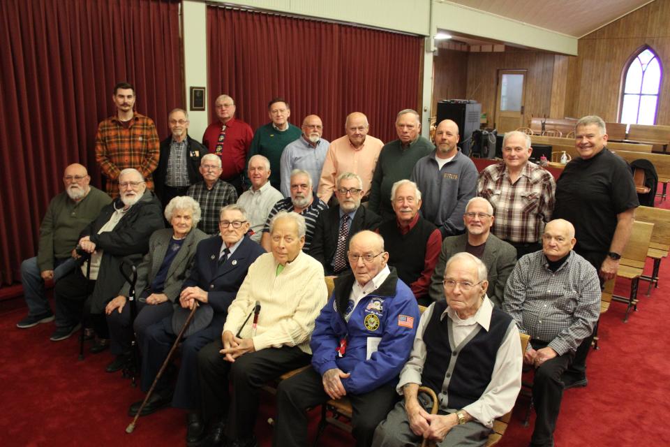 Several area veterans were recognized during a special service at Holy Trinity Lutheran Church in Berlin on Nov. 13. From left, front row: Gerald Zorn, Joe Zorn, Marian Miller Dyer, Dale Leslie, Art Seitz, Charles Maust and Ed Zorn. Second row: Larry Shober, Dave Marker, Allen Brocht, Richie Engleka, Ray Engleka, Stu Kreinbrook, Homer Kreinbrook. Back row: Nathan Richards, William Chonko, Dave Countryman, Robert Spochart, Tim Clites, Jim Broderick, Mike Brant, Mike Titus, Charles Custer and the Rev. Bob Keplinger.