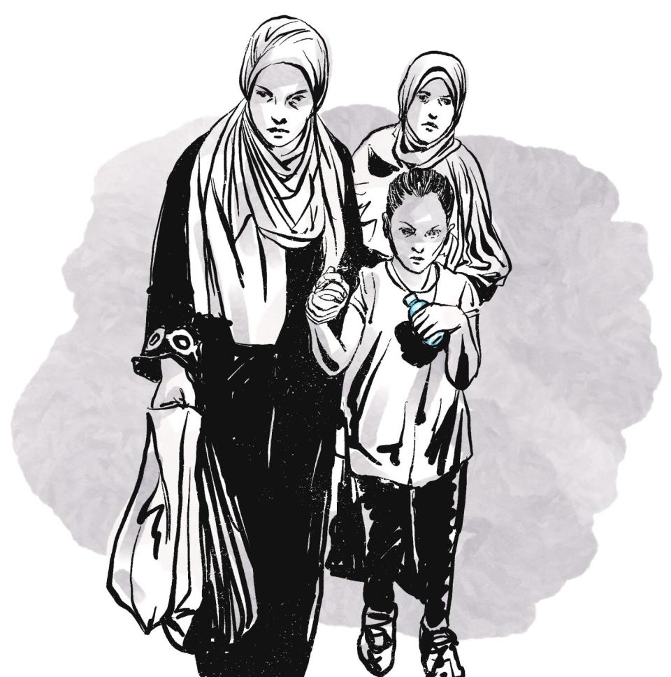 An illustration of two women in headscarves, one carrying bags and holding the hand of a young girl with a small water bottle