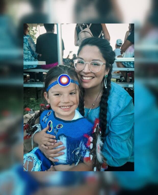 Jalynne Geddes and her son Desmond Nikamowin Geddes at a powwow, where he danced publicly for the first time.  (Submitted by Jalynne Geddes - image credit)