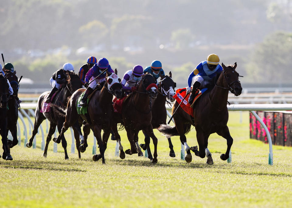 In this image provided by Benoit Photo, Hit the Road, with Umberto Rispoli aboard, wins the $100,000 Runhappy Oceanside Stakes horse race Friday, July 10, 2020, at Del Mar Thoroughbred Club in Del Mar, Calif. (Benoit Photo via AP)